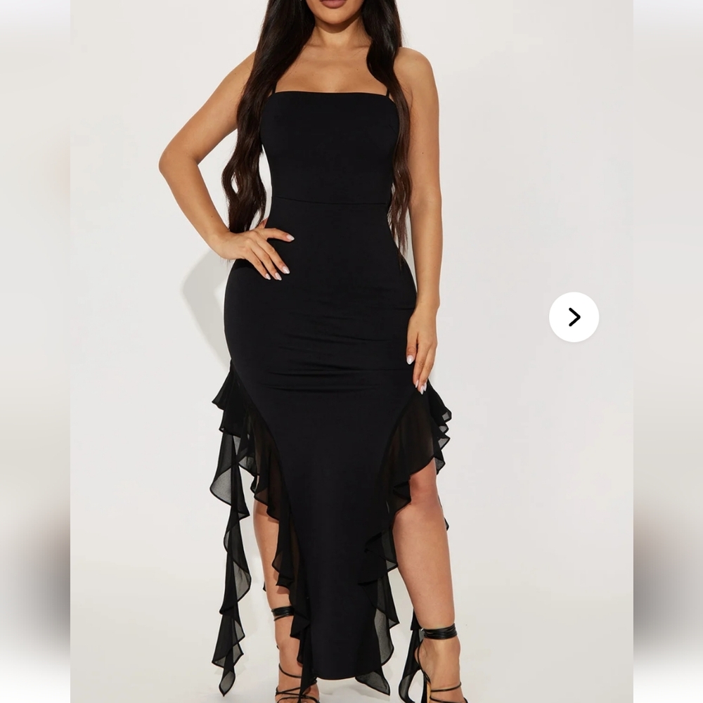 Black Strapless Asymmetrical Ruffled Dress